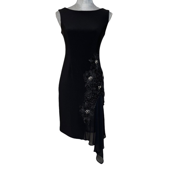 Joseph Ribkoff Black with Flowers / Pearls / Rhinestones Asymmetrical Dress New - Picture 3 of 12